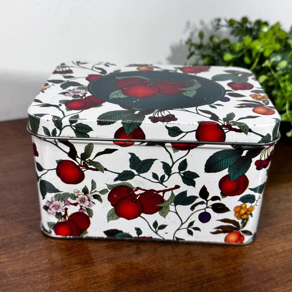 Vintage Metal Recipe Box Unhinged Tin with Apples Fall Decor Dividers & Recipes